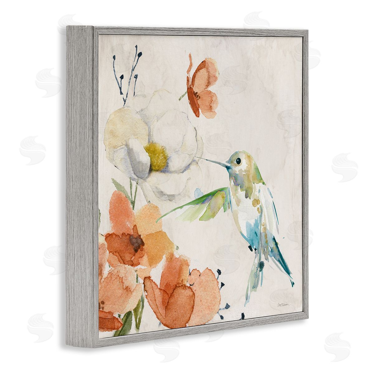 Carol Robinson Cottage Flowers & Bird Gray Framed Giclee Wall Art Print