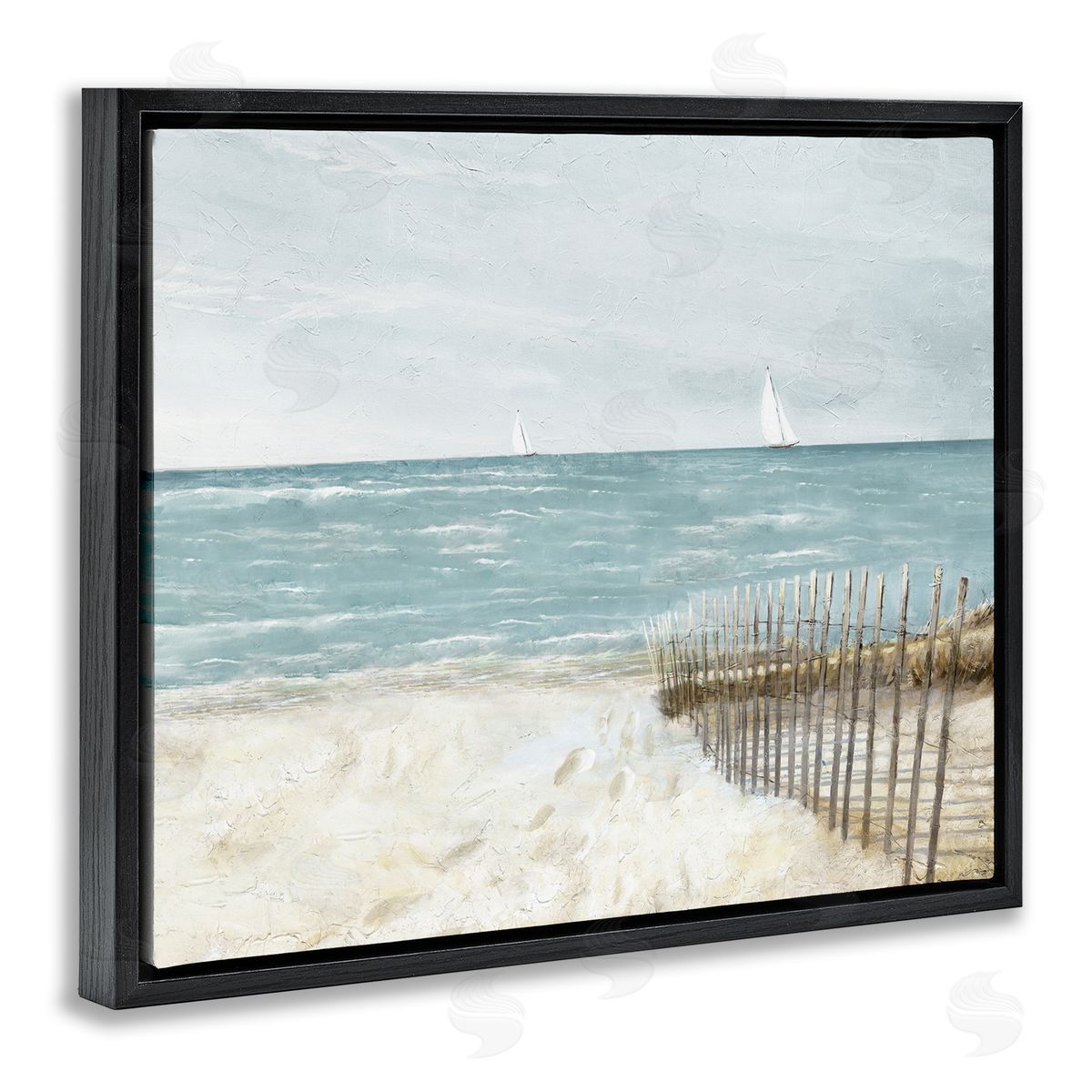 Ruane Manning Beach Footprints & Fence Black Floating Frame Canvas Wall Art Print
