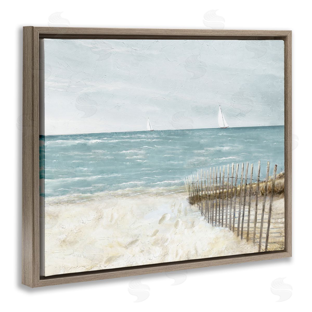 Ruane Manning Beach Footprints & Fence Brown Floating Frame Canvas Wall Art Print