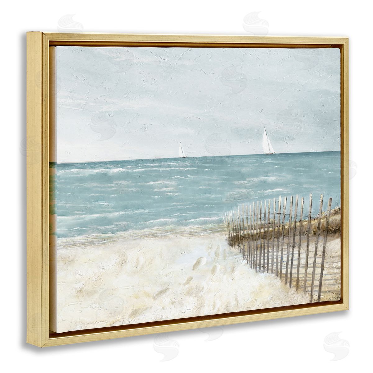 Ruane Manning Beach Footprints & Fence Gold Floating Frame Canvas Wall Art Print