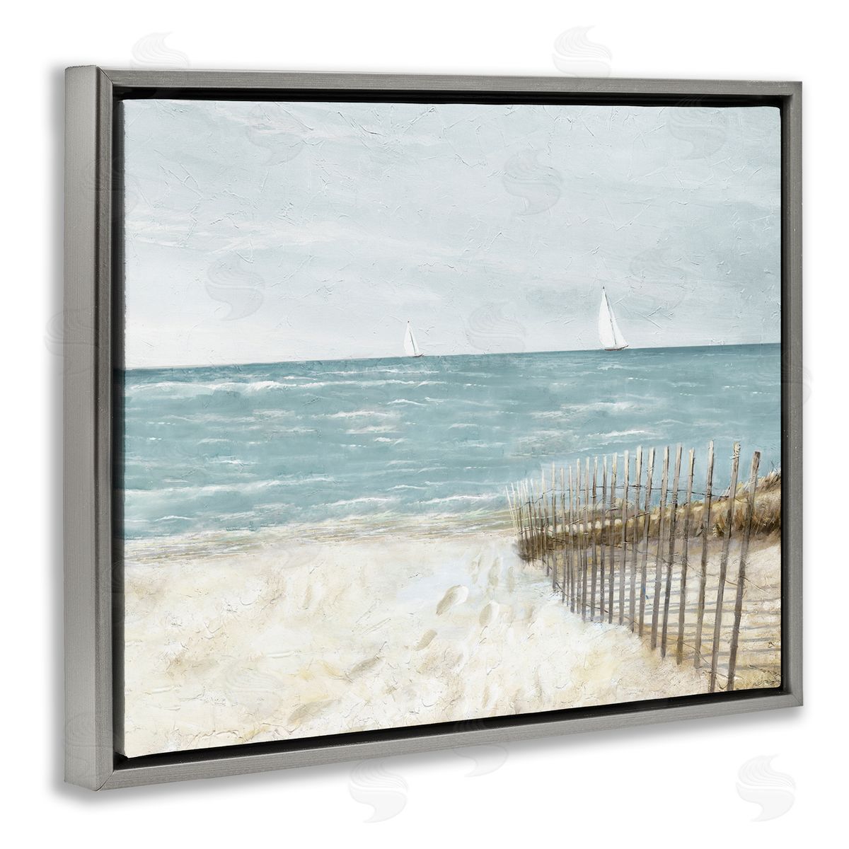 Ruane Manning Beach Footprints & Fence Gray Floating Frame Canvas Wall Art Print