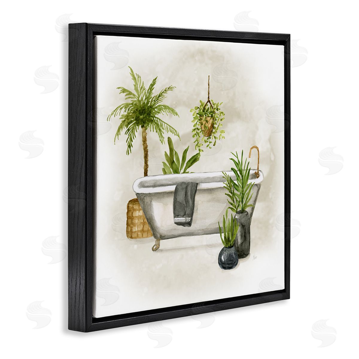 Nan Plant Filled Bathroom Black Floating Frame Canvas Wall Art Print