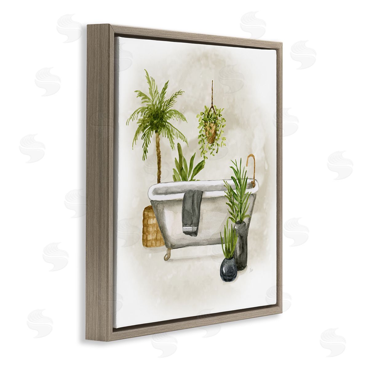 Nan Plant Filled Bathroom Brown Floating Frame Canvas Wall Art Print