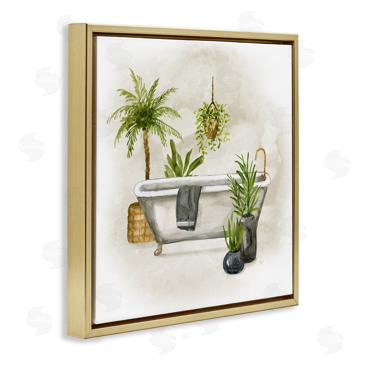 Nan Plant Filled Bathroom Gold Floating Frame Canvas Wall Art Print
