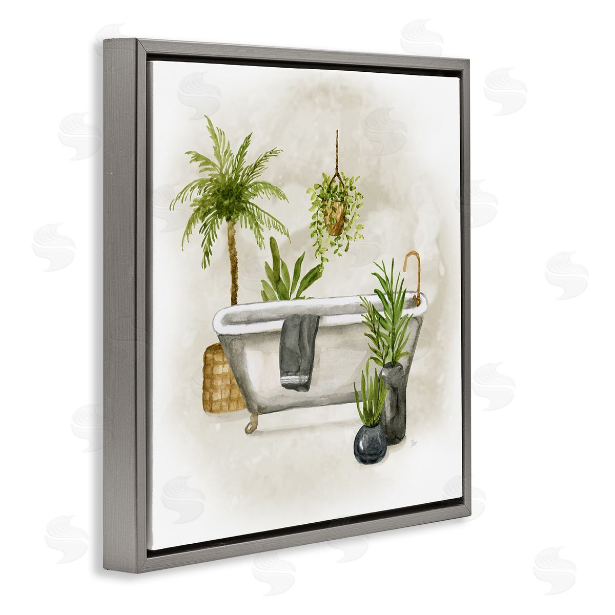Nan Plant Filled Bathroom Gray Floating Frame Canvas Wall Art Print
