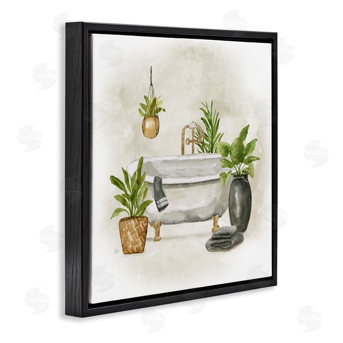 Nan Bathroom with Plants Black Floating Frame Canvas Wall Art Print