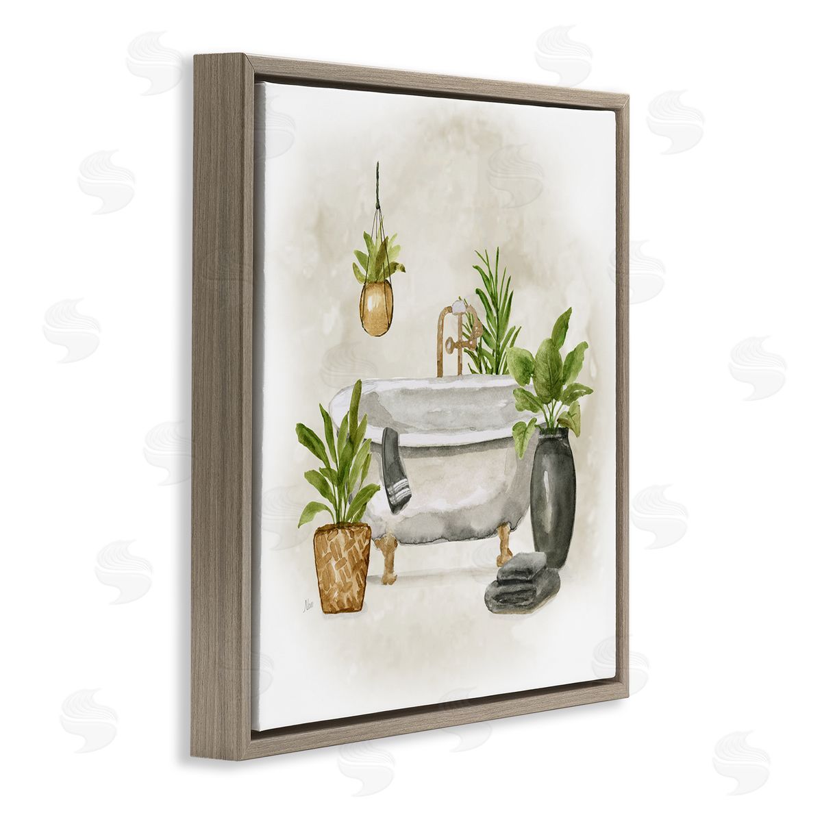 Nan Bathroom with Plants Brown Floating Frame Canvas Wall Art Print