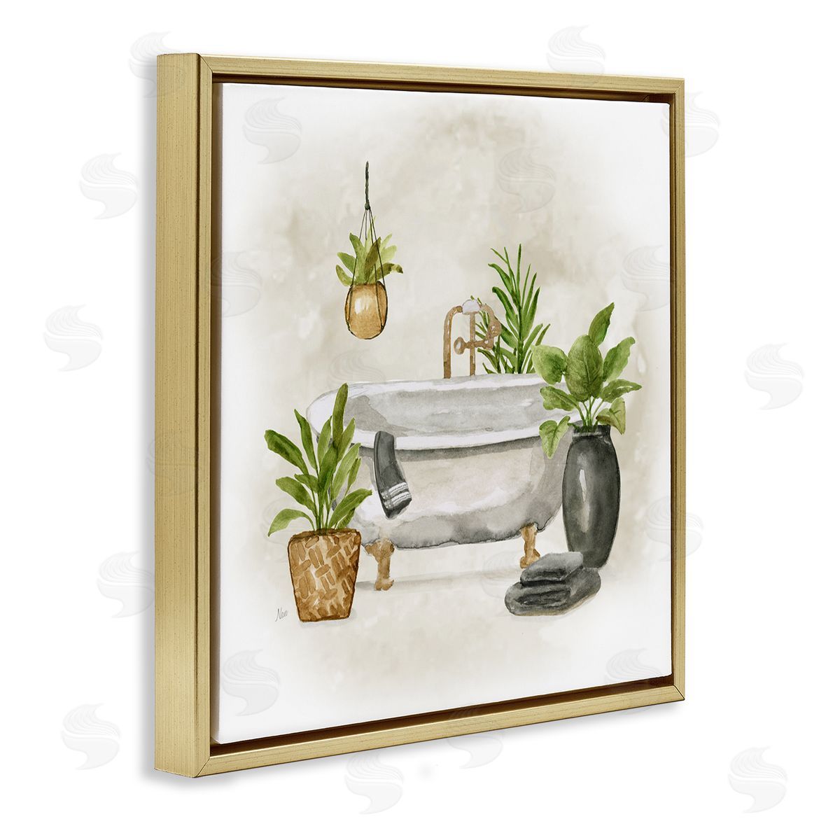 Nan Bathroom with Plants Gold Floating Frame Canvas Wall Art Print