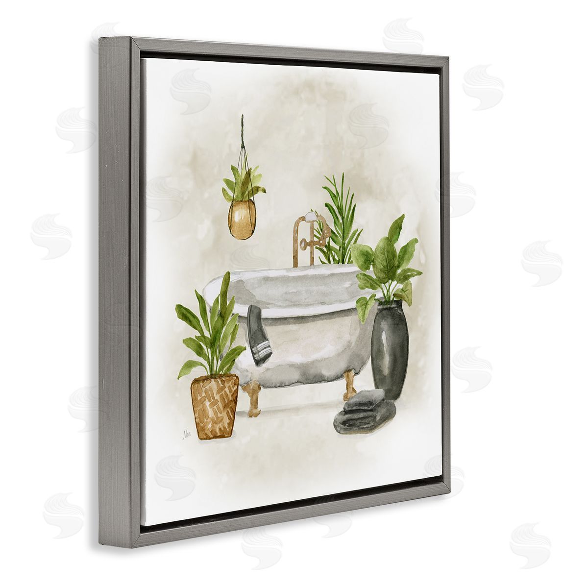 Nan Bathroom with Plants Gray Floating Frame Canvas Wall Art Print