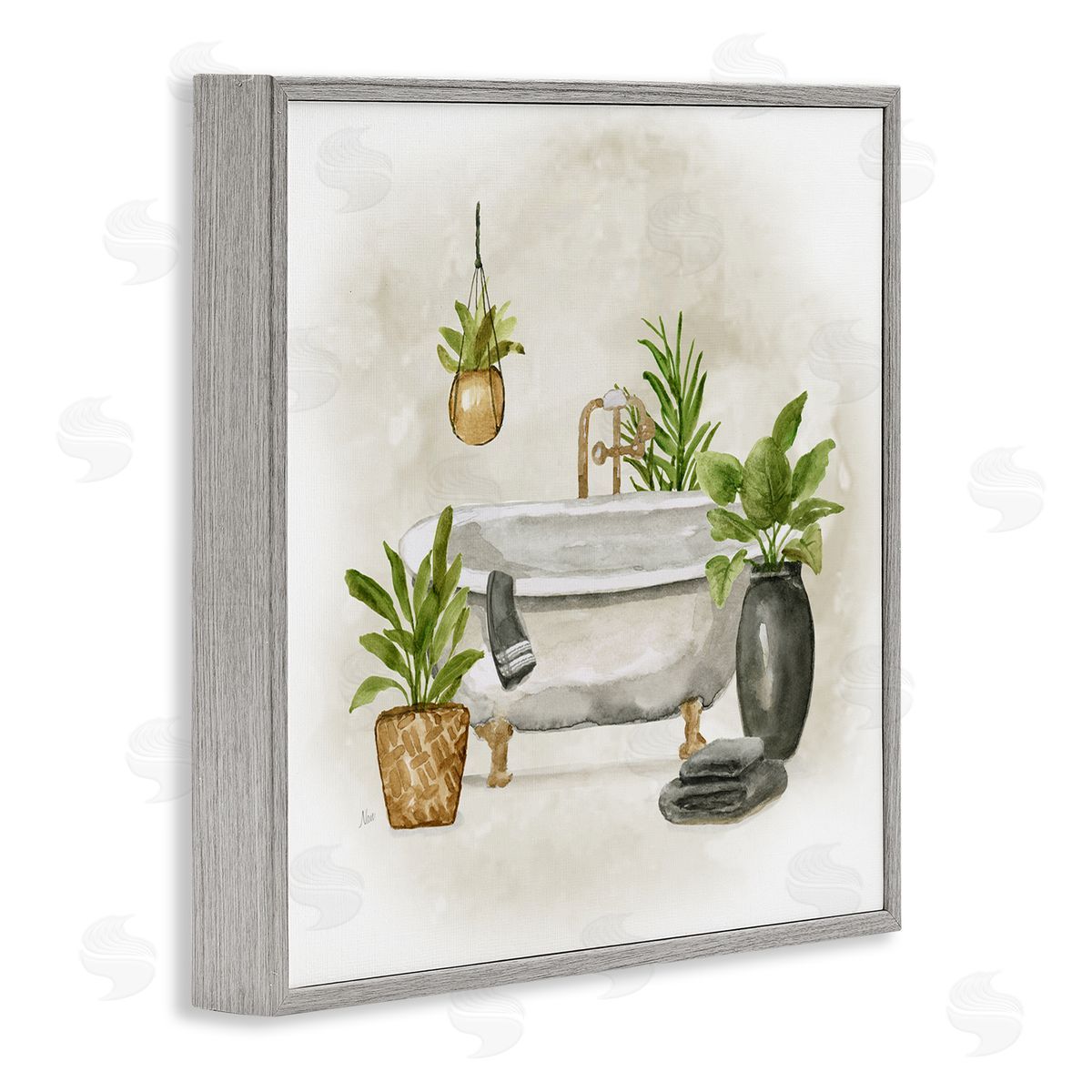 Nan Bathroom with Plants Gray Framed Giclee Wall Art Print