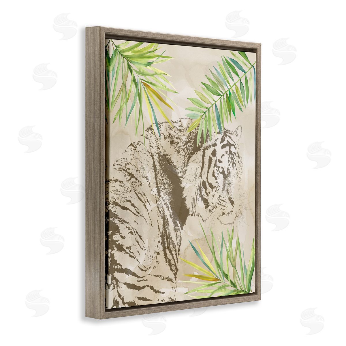 Carol Robinson Tiger Impression & Palms Brown Floating Frame Canvas Wall Art Print