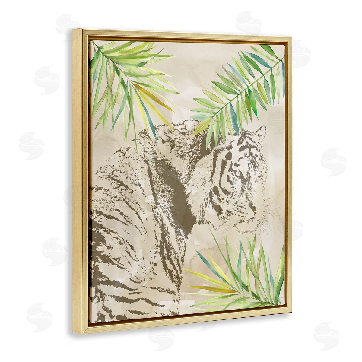 Carol Robinson Tiger Impression & Palms Gold Floating Frame Canvas Wall Art Print
