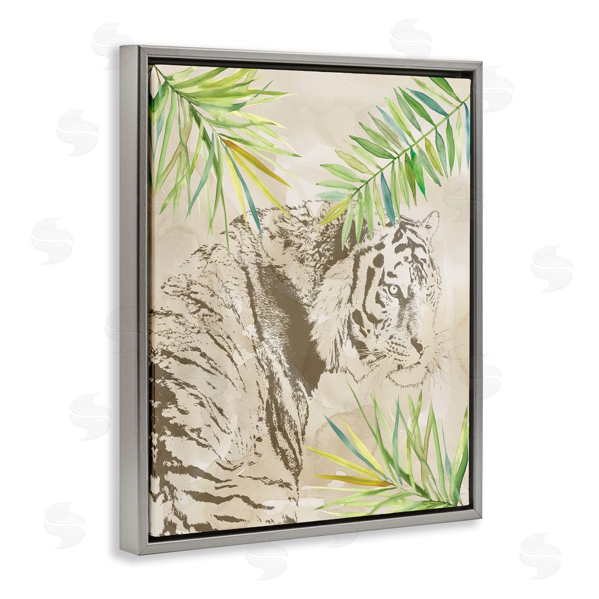Carol Robinson Tiger Impression & Palms Gray Floating Frame Canvas Wall Art Print