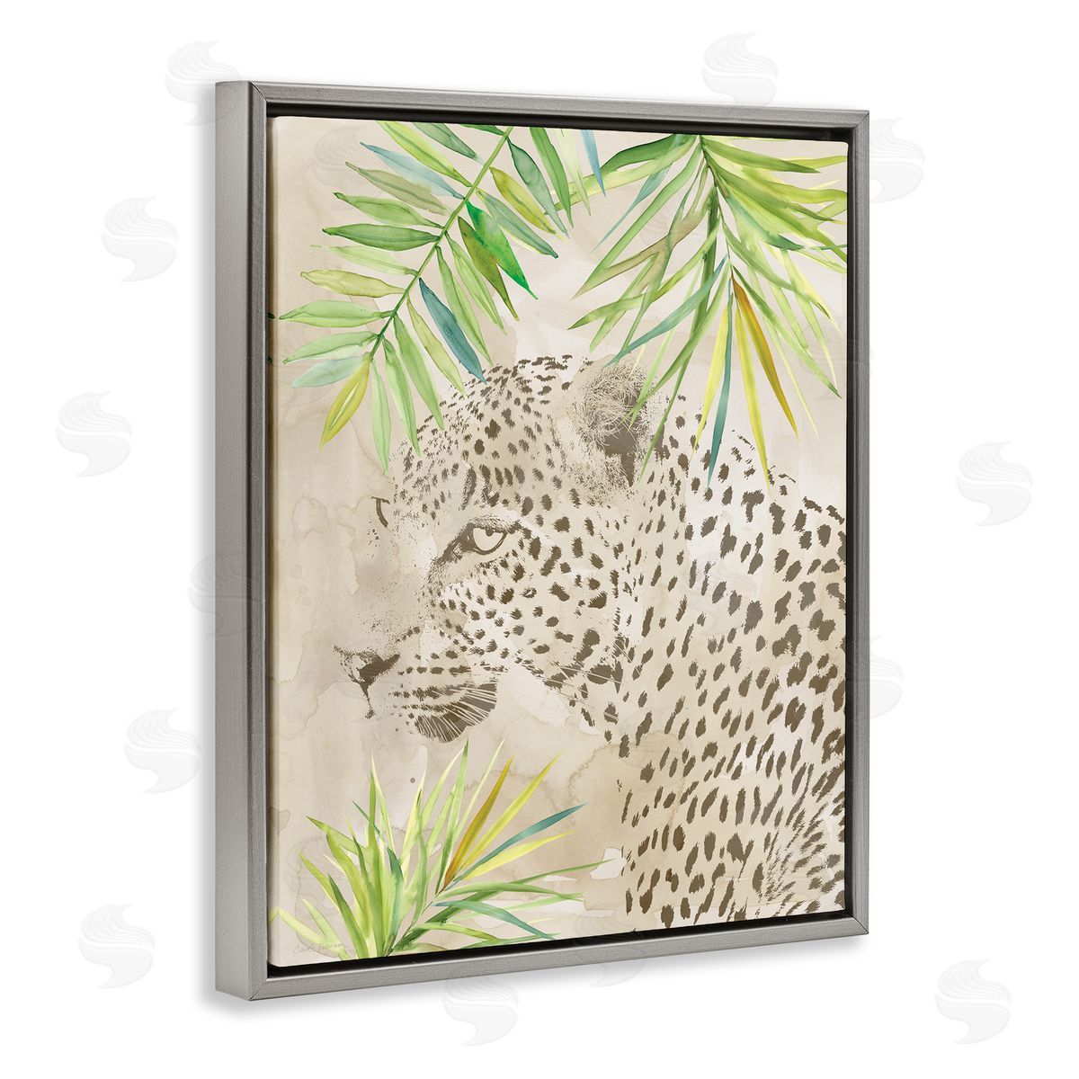 Carol Robinson Leopard Impression & Palms Gray Floating Frame Canvas Wall Art Print