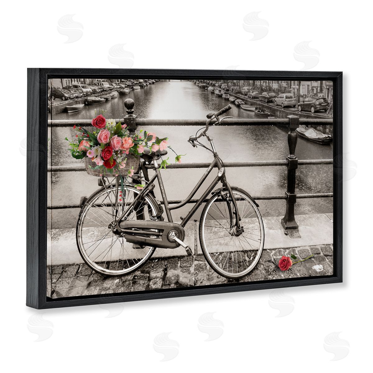 CAD Designs Rose Filled Bike over Canal Black Floating Frame Canvas Wall Art Print