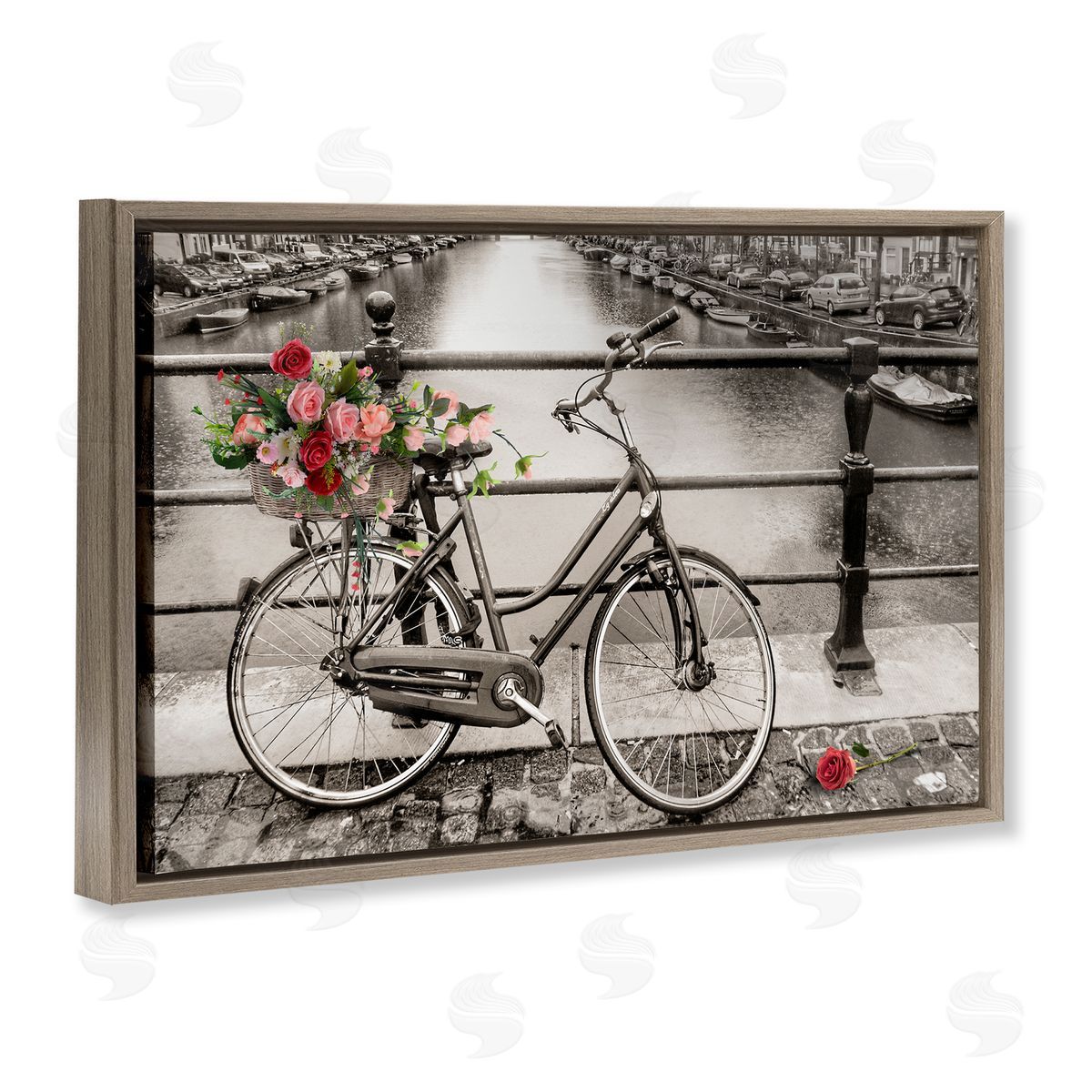 CAD Designs Rose Filled Bike over Canal Brown Floating Frame Canvas Wall Art Print