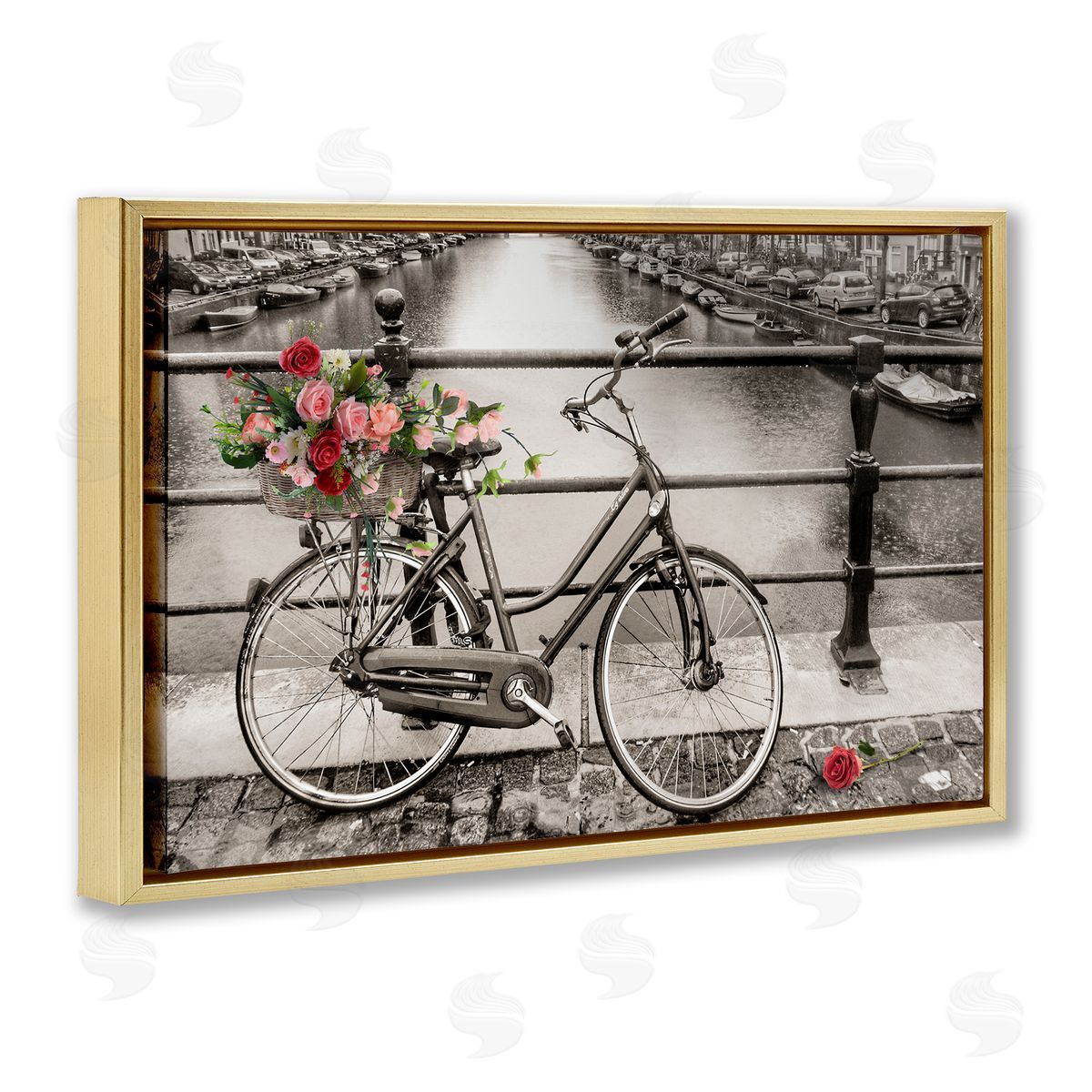 CAD Designs Rose Filled Bike over Canal Gold Floating Frame Canvas Wall Art Print
