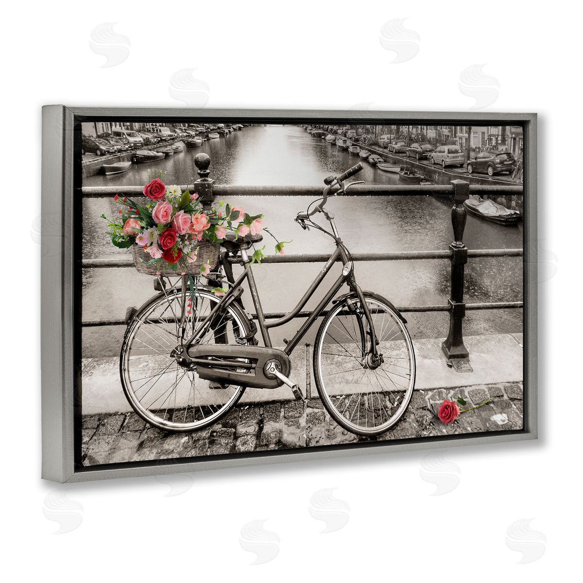 CAD Designs Rose Filled Bike over Canal Gray Floating Frame Canvas Wall Art Print