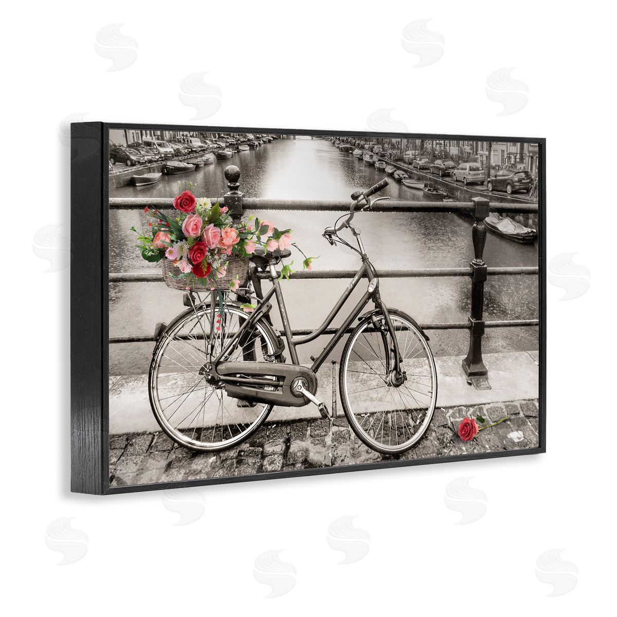 CAD Designs Rose Filled Bike over Canal Black Framed Giclee Wall Art Print
