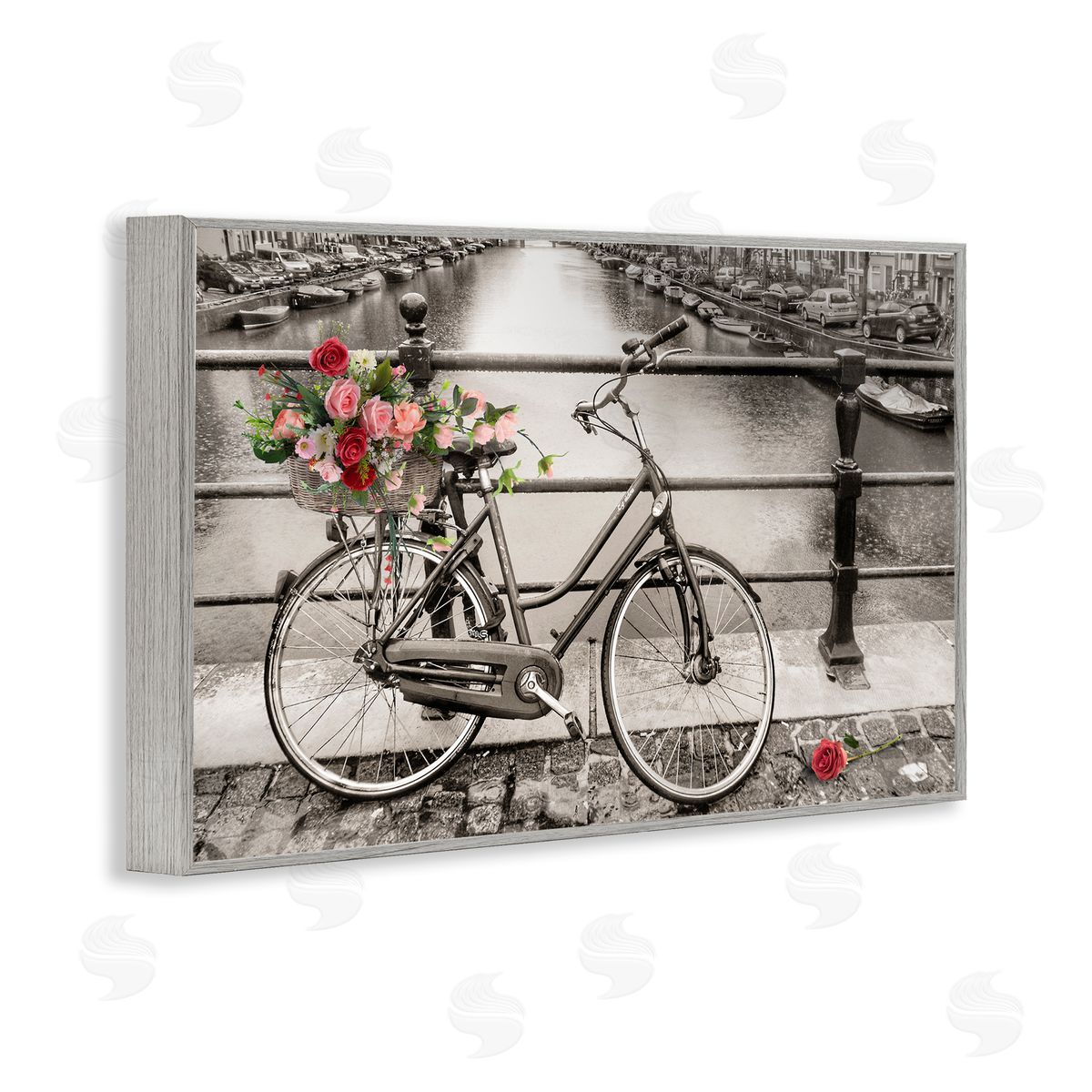 CAD Designs Rose Filled Bike over Canal Gray Framed Giclee Wall Art Print