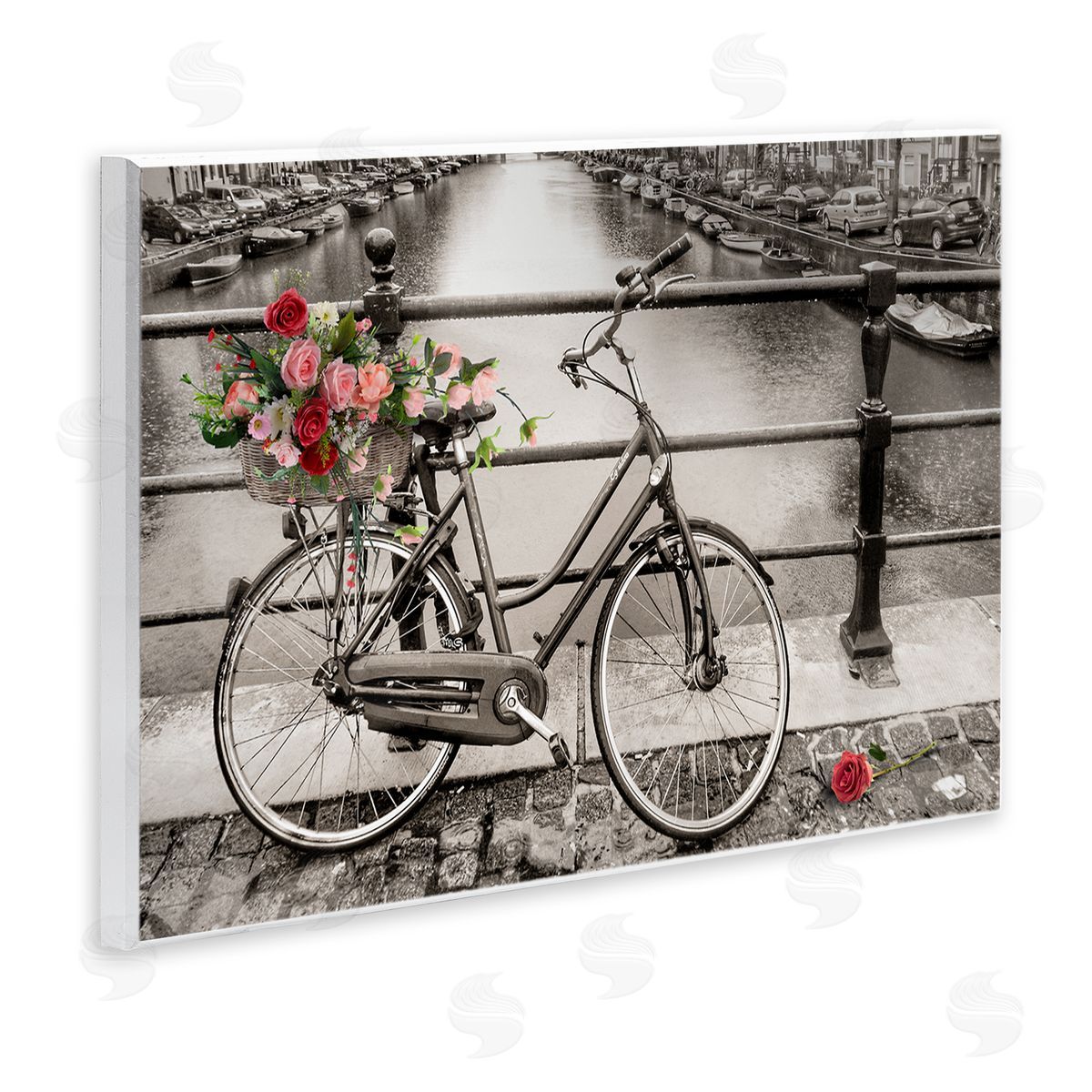CAD Designs Rose Filled Bike over Canal Wooden Wall Plaque Art Print