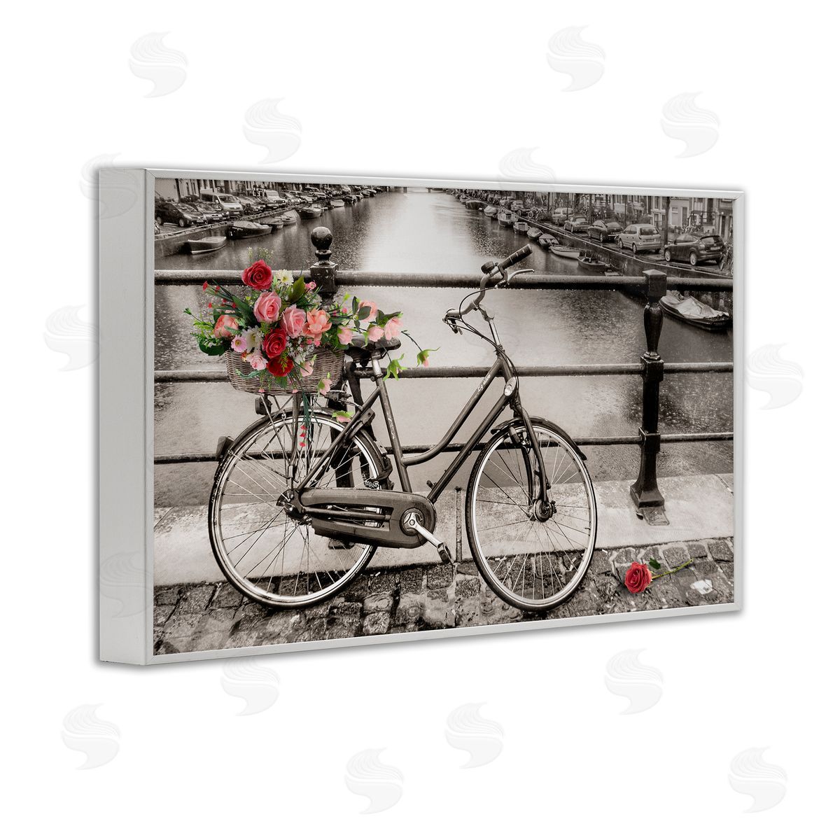 CAD Designs Rose Filled Bike over Canal White Framed Giclee Wall Art Print
