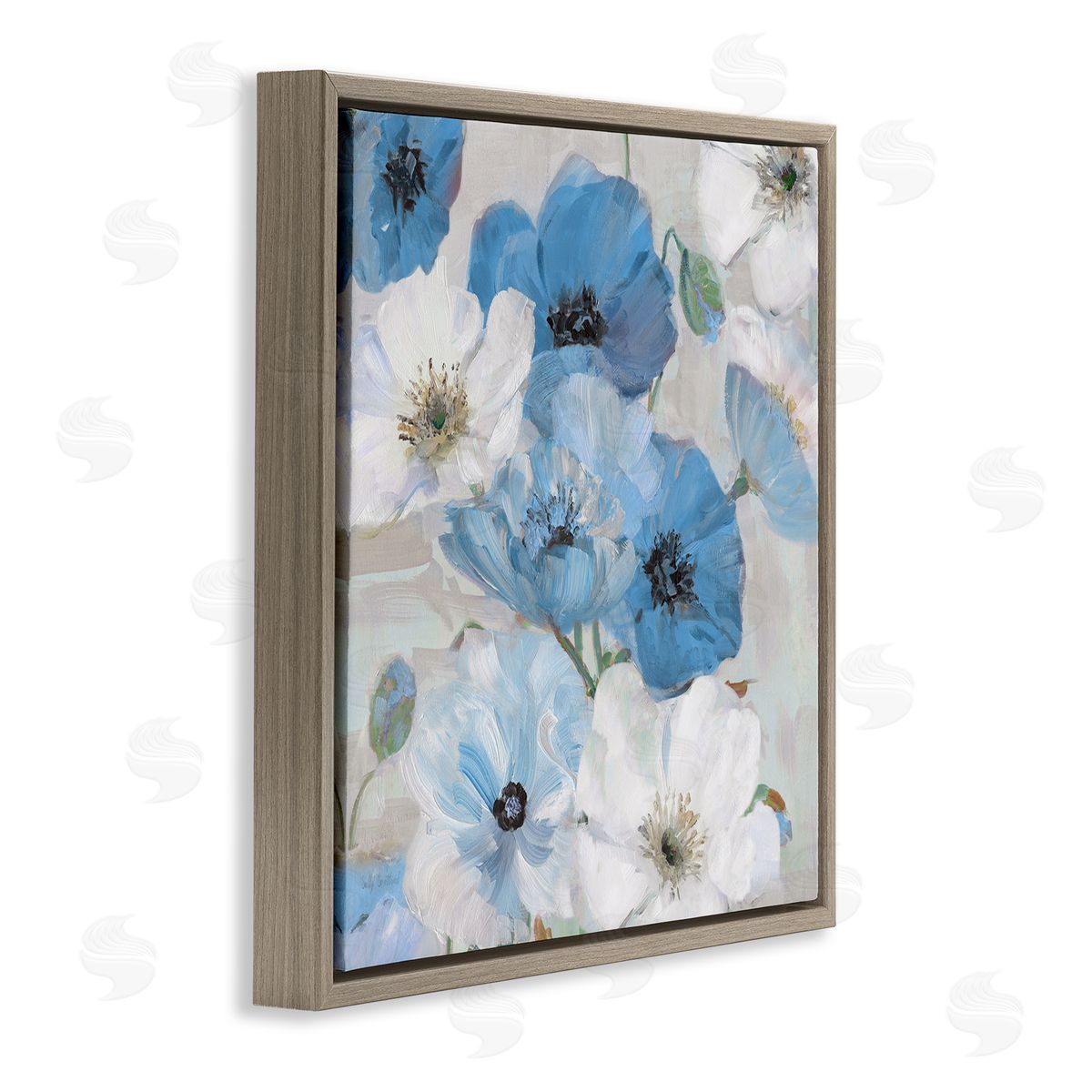 Sally Swatland Mixed Blue & White Blooms Brown Floating Frame Canvas Wall Art Print
