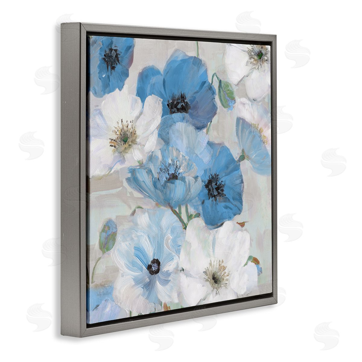 Sally Swatland Mixed Blue & White Blooms Gray Floating Frame Canvas Wall Art Print