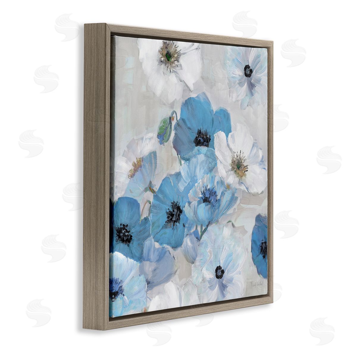 Sally Swatland Blue & White Flowers Brown Floating Frame Canvas Wall Art Print