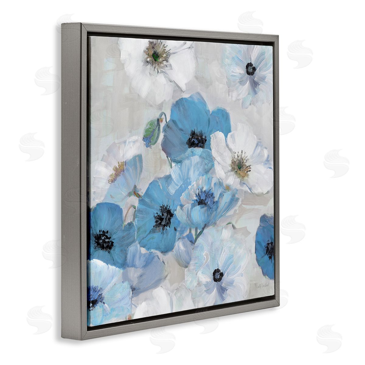 Sally Swatland Blue & White Flowers Gray Floating Frame Canvas Wall Art Print