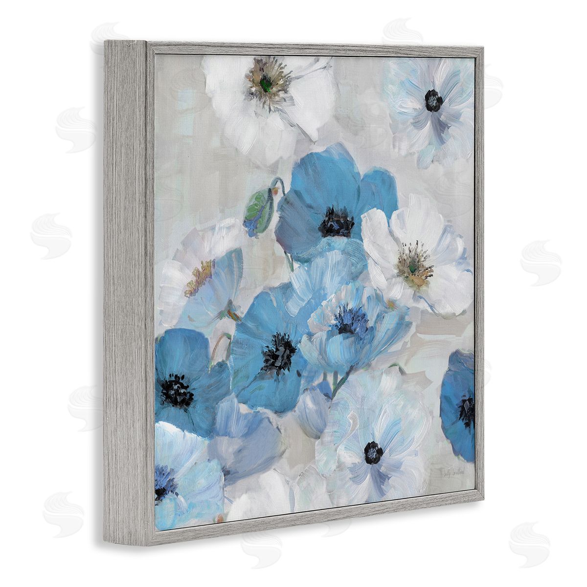 Sally Swatland Blue & White Flowers Gray Framed Giclee Wall Art Print