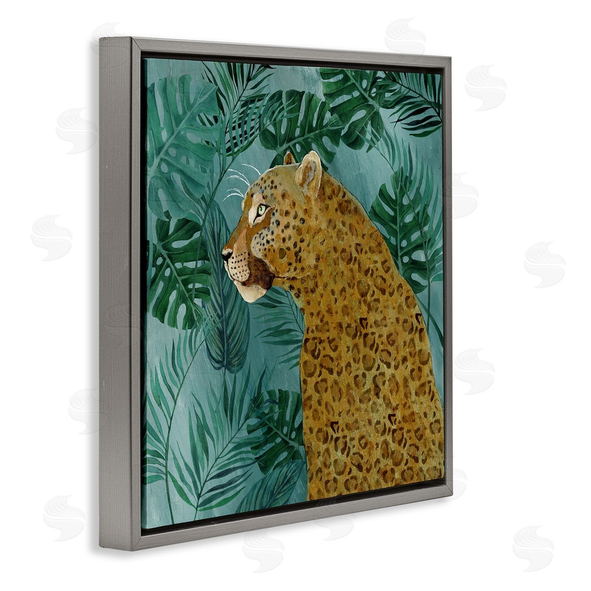Janet Tava Monstera & Palms Cheetah Gray Floating Frame Canvas Wall Art Print