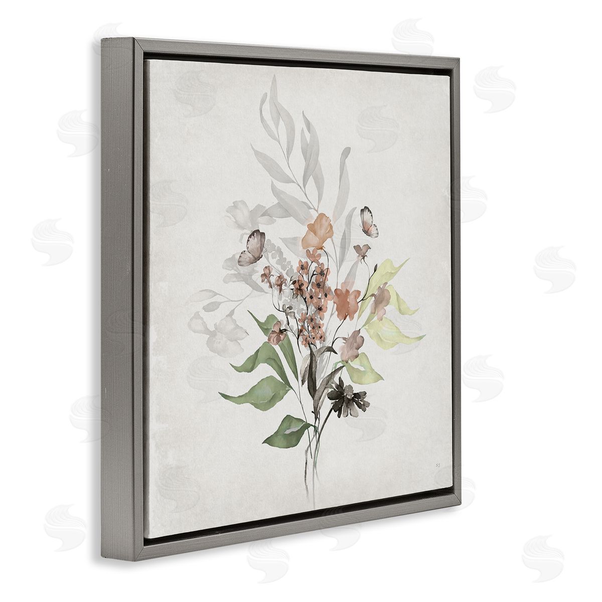 Susan Jill Soft Florals & Butterfly Gray Floating Frame Canvas Wall Art Print