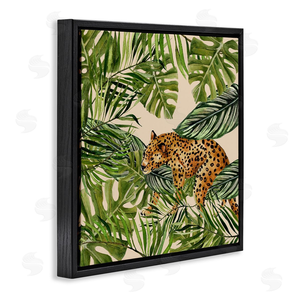 Janet Tava Botanical Leopard on Branch Black Floating Frame Canvas Wall Art Print
