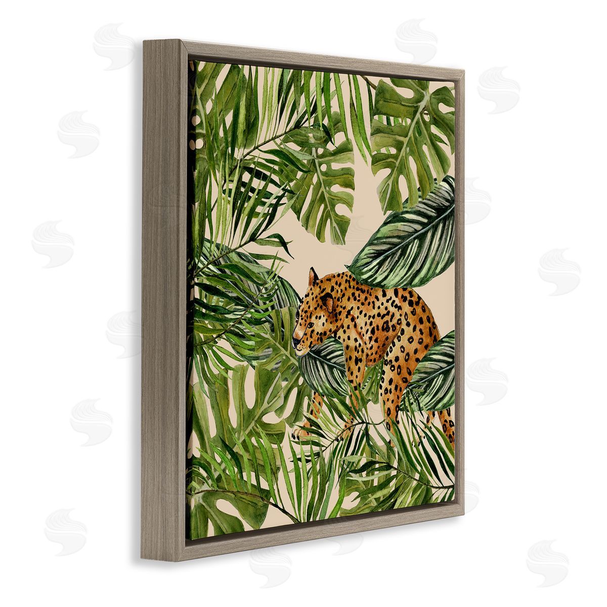 Janet Tava Botanical Leopard on Branch Brown Floating Frame Canvas Wall Art Print