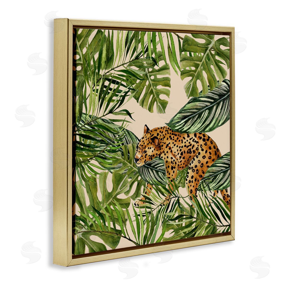 Janet Tava Botanical Leopard on Branch Gold Floating Frame Canvas Wall Art Print