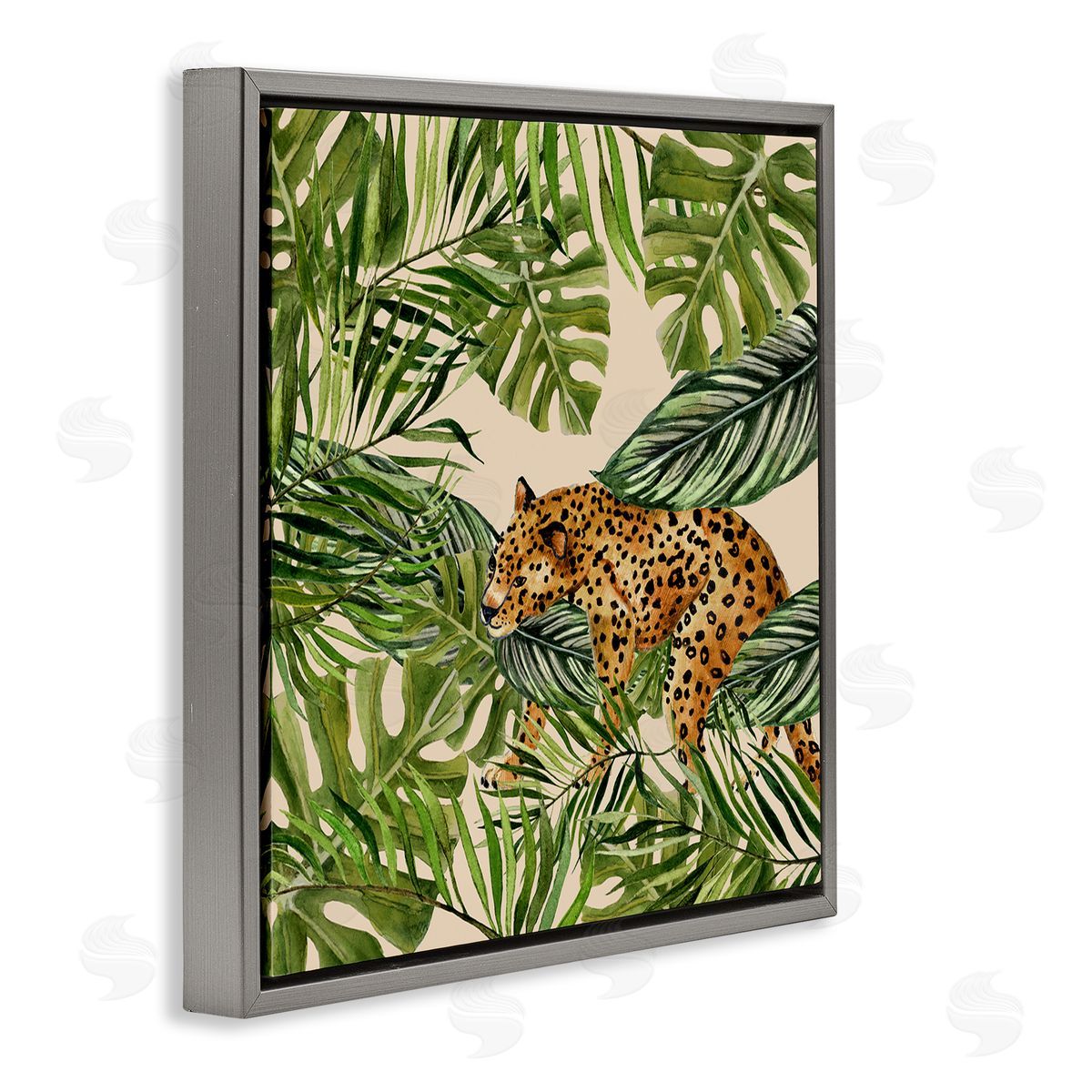 Janet Tava Botanical Leopard on Branch Gray Floating Frame Canvas Wall Art Print