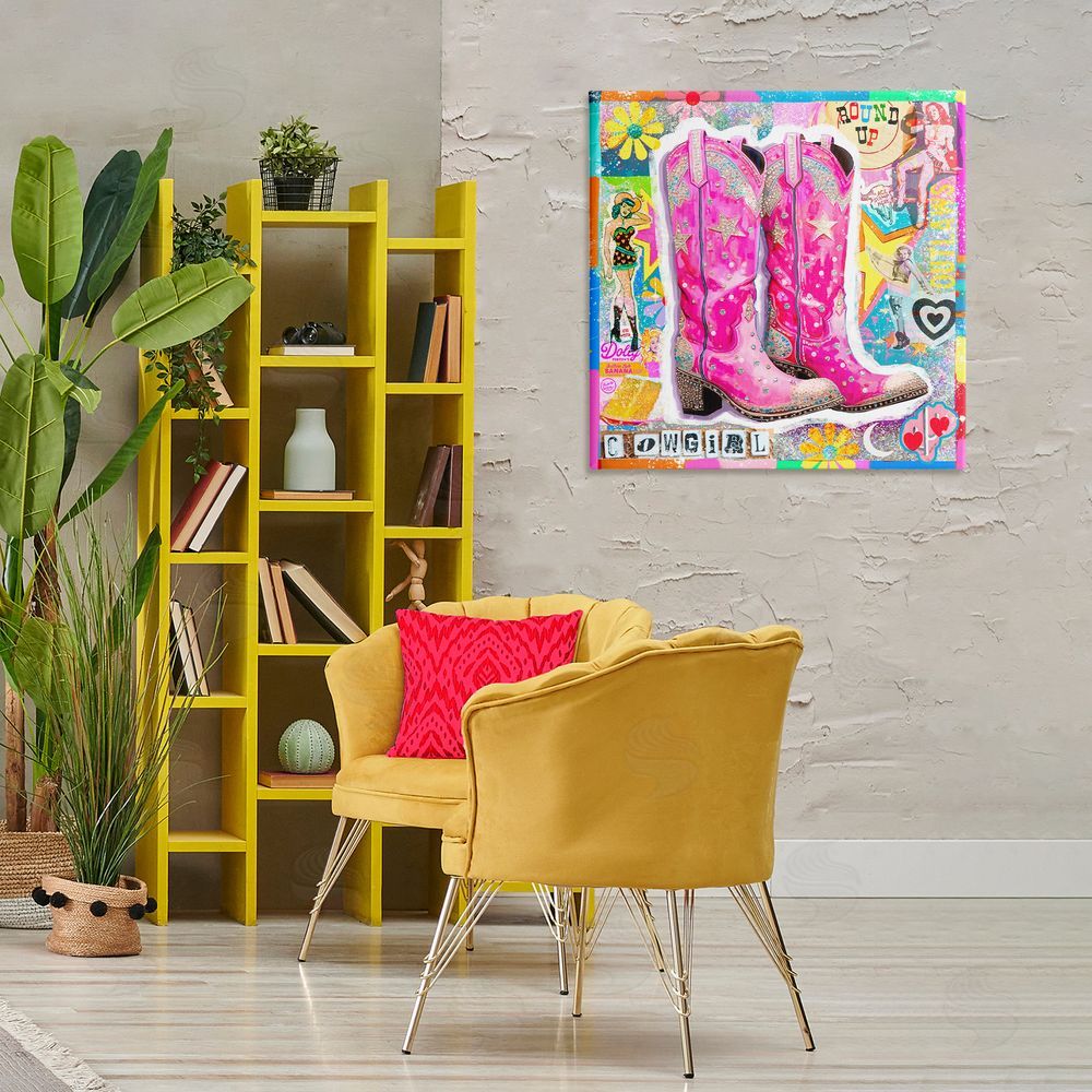 Jess Stempel Groovy Vintage Cowgirl Collage Canvas Wall Art Print in Room