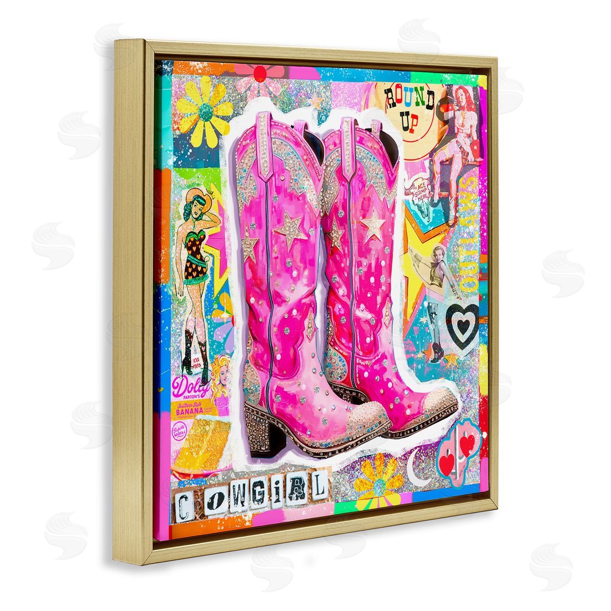 Jess Stempel Groovy Vintage Cowgirl Collage Gold Floating Frame Canvas Wall Art Print