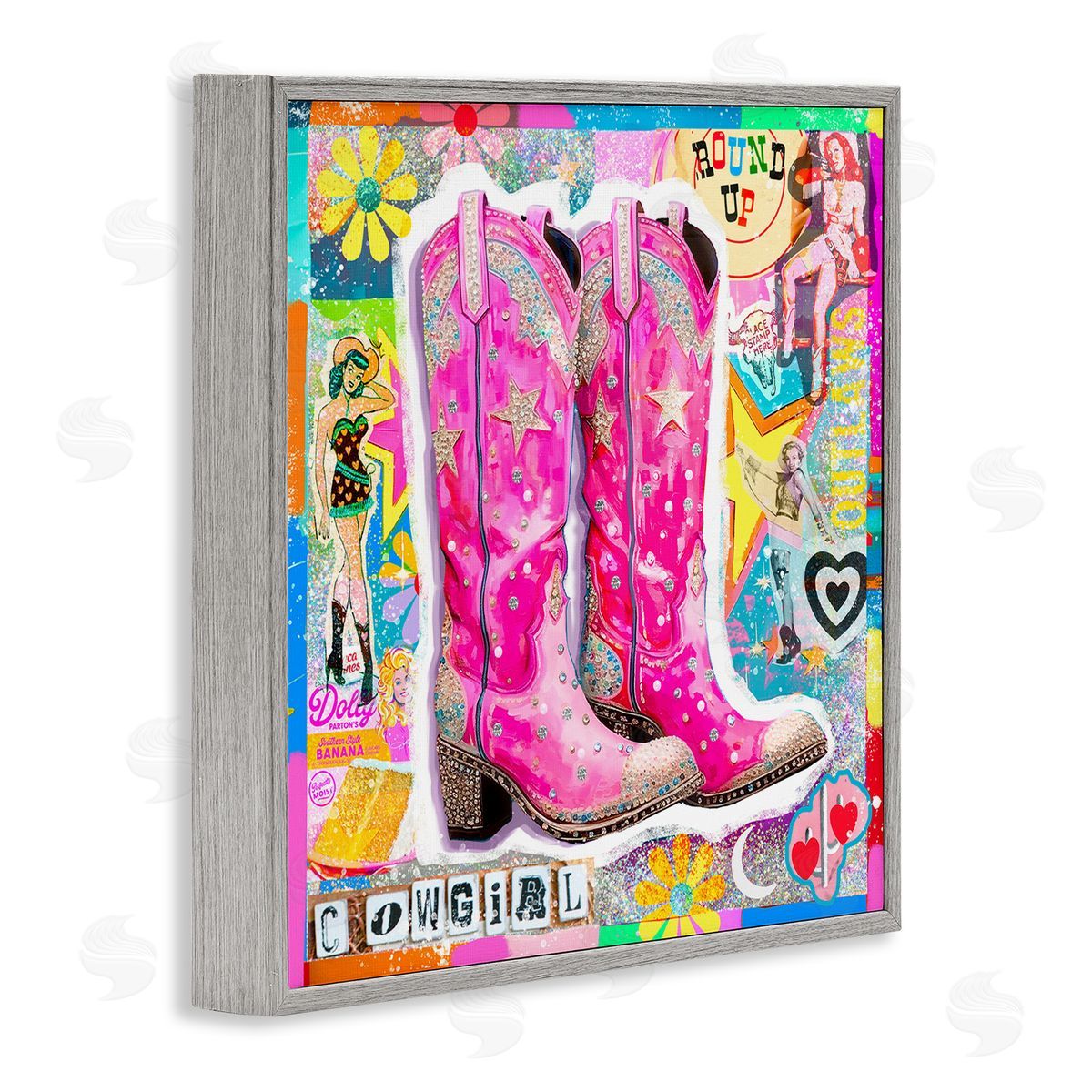 Jess Stempel Groovy Vintage Cowgirl Collage Gray Framed Giclee Wall Art Print