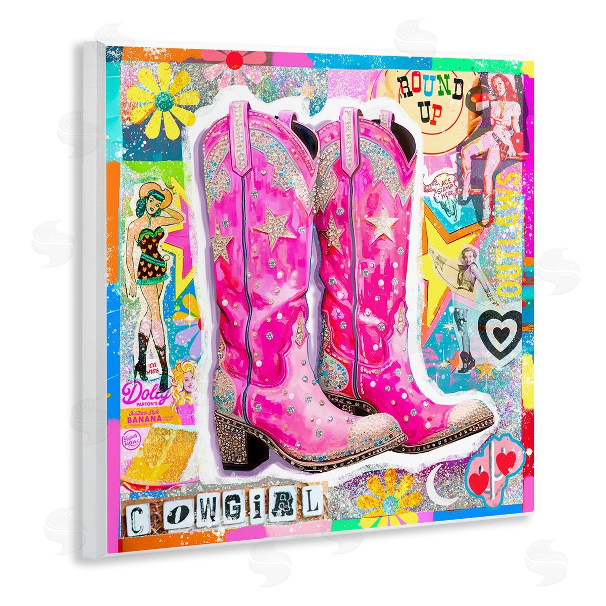 Jess Stempel Groovy Vintage Cowgirl Collage Wooden Wall Plaque Art Print