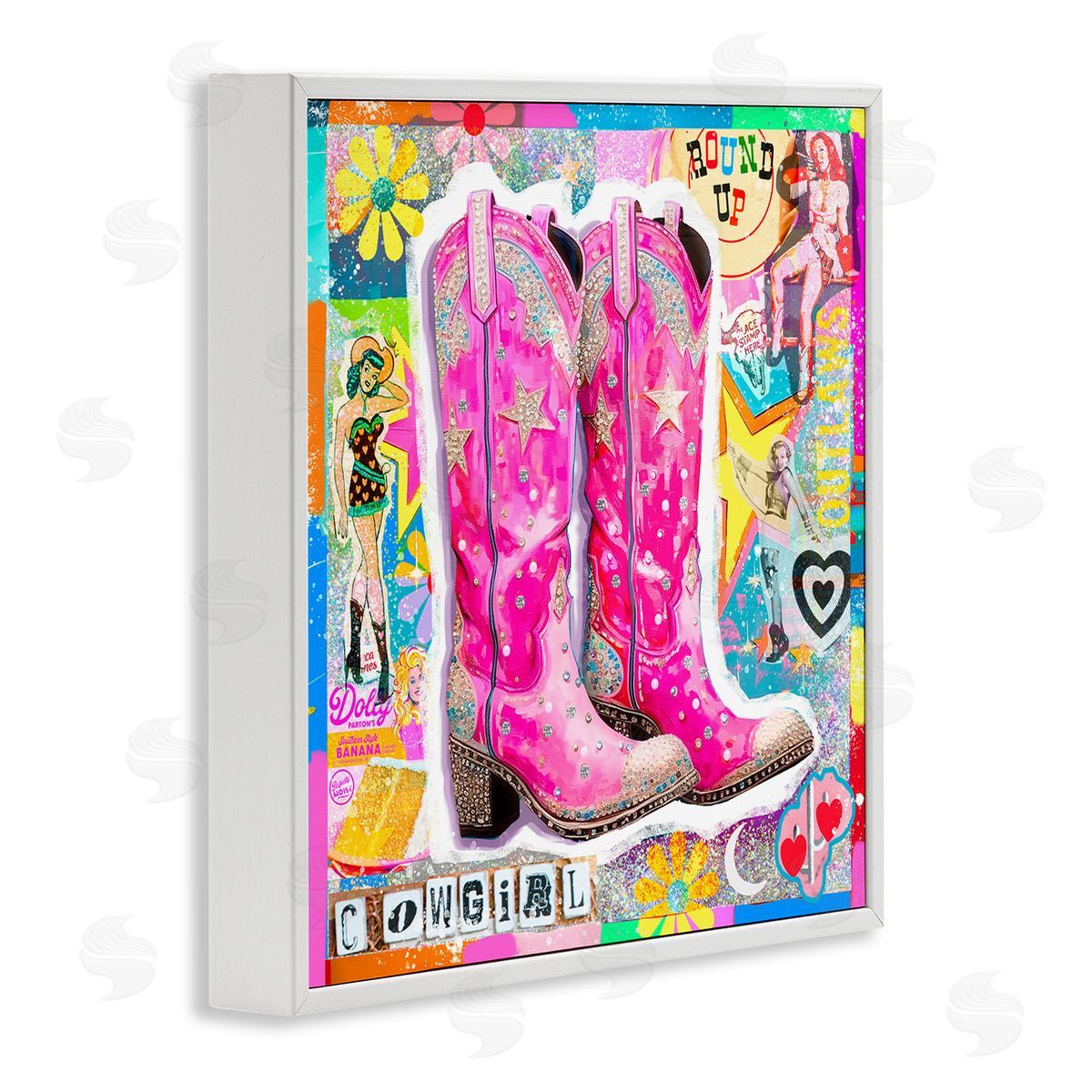 Jess Stempel Groovy Vintage Cowgirl Collage White Framed Giclee Wall Art Print