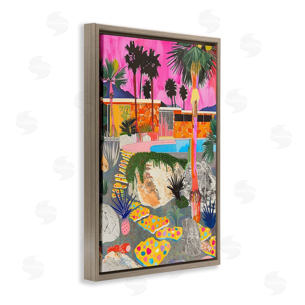 Jess Stempel Modern Tropical Villa Collage Brown Floating Frame Canvas Wall Art Print