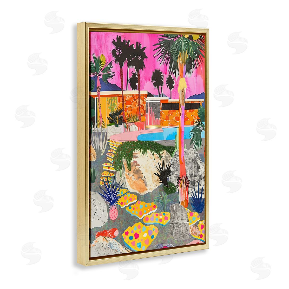 Jess Stempel Modern Tropical Villa Collage Gold Floating Frame Canvas Wall Art Print