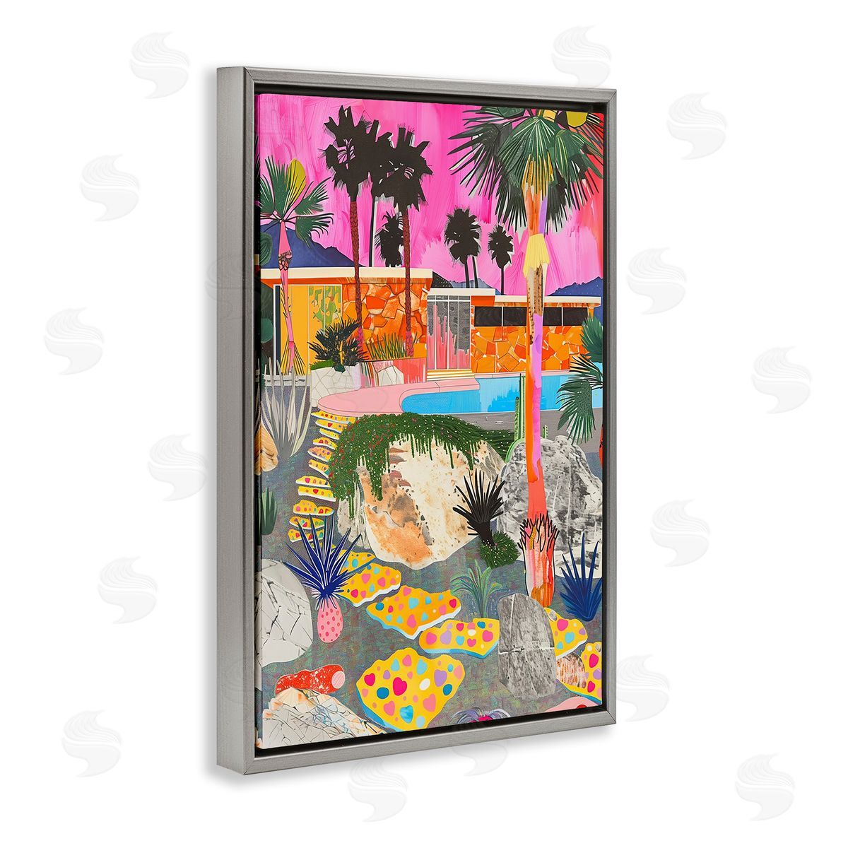 Jess Stempel Modern Tropical Villa Collage Gray Floating Frame Canvas Wall Art Print