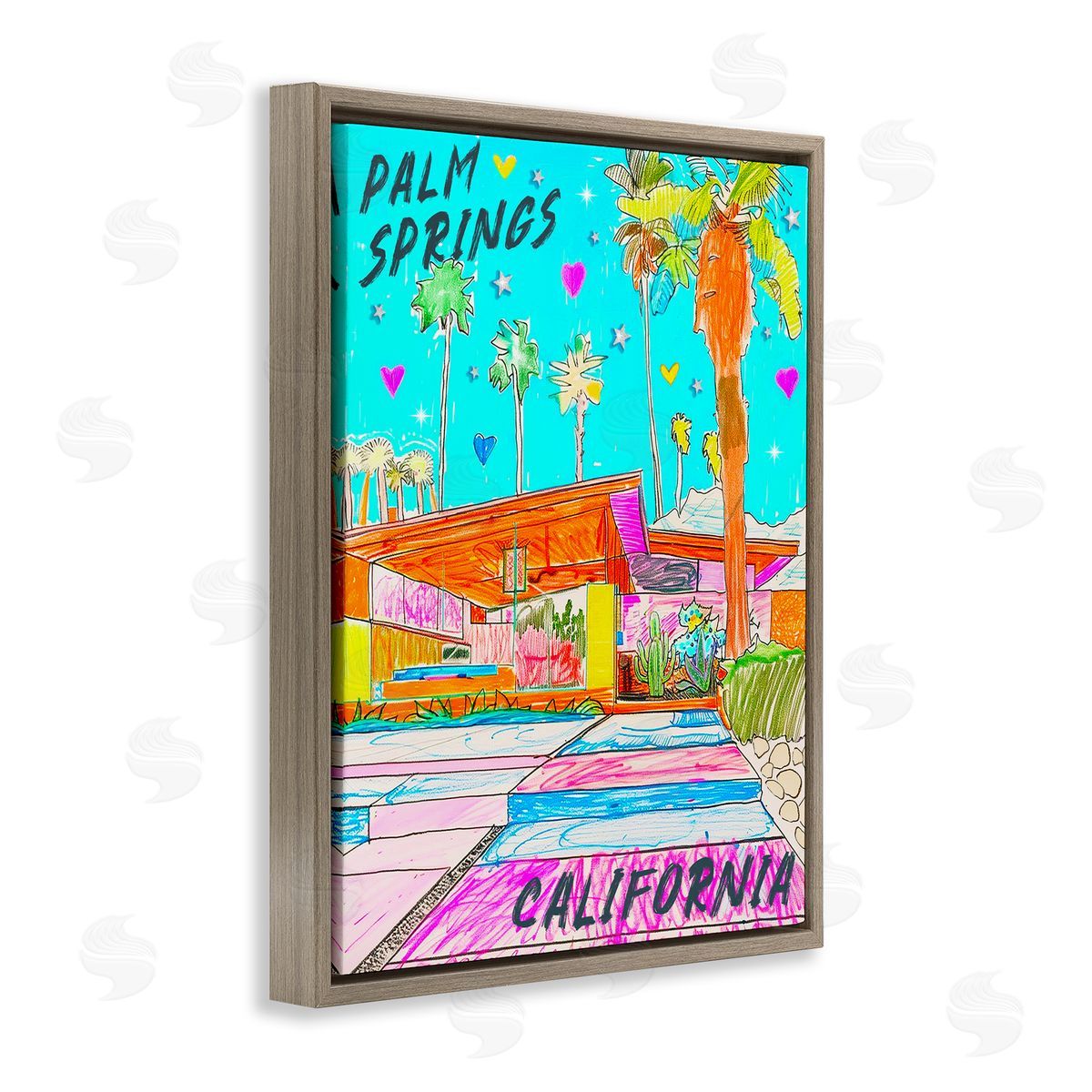 Jess Stempel Palm Springs Villa Doodle Brown Floating Frame Canvas Wall Art Print