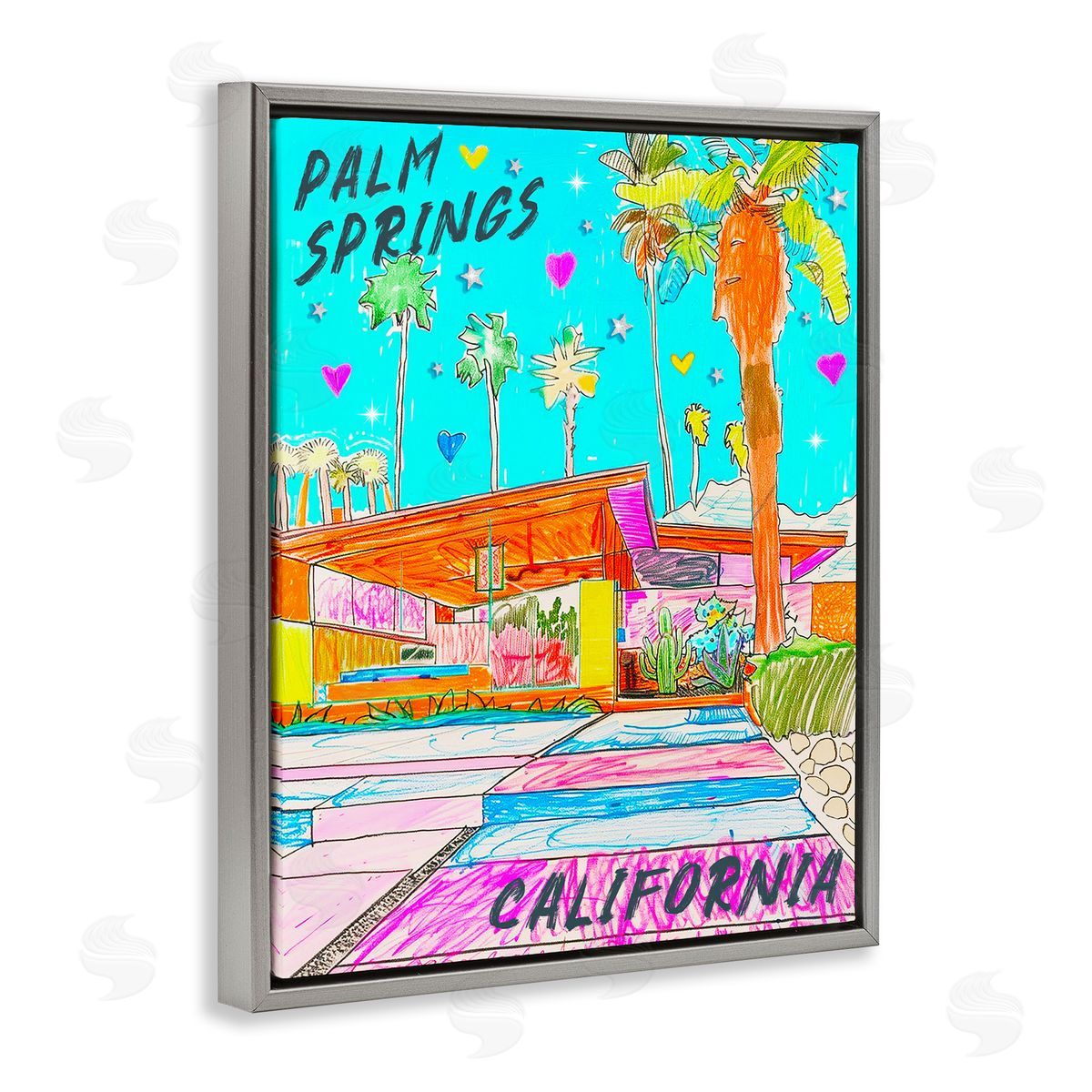 Jess Stempel Palm Springs Villa Doodle Gray Floating Frame Canvas Wall Art Print