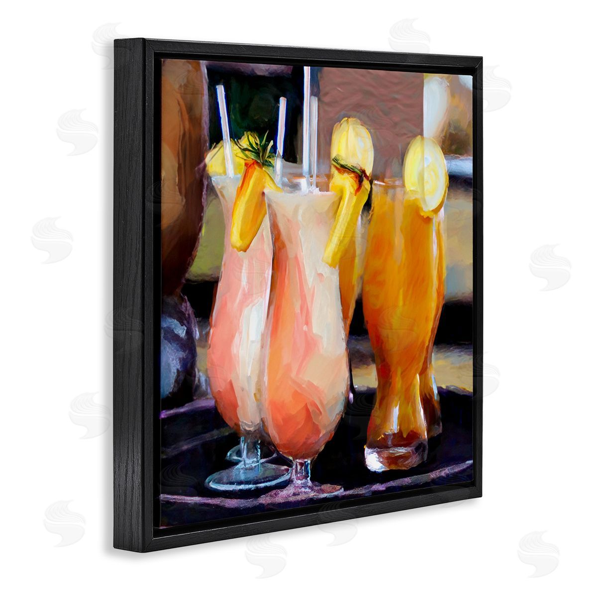 Mary Lou Johnson Tropical Cocktails on Tray Black Floating Frame Canvas Wall Art Print