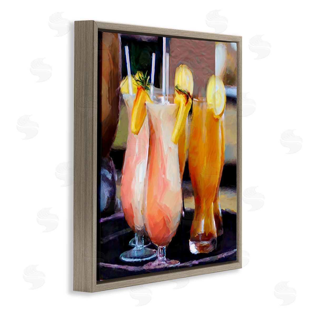 Mary Lou Johnson Tropical Cocktails on Tray Brown Floating Frame Canvas Wall Art Print