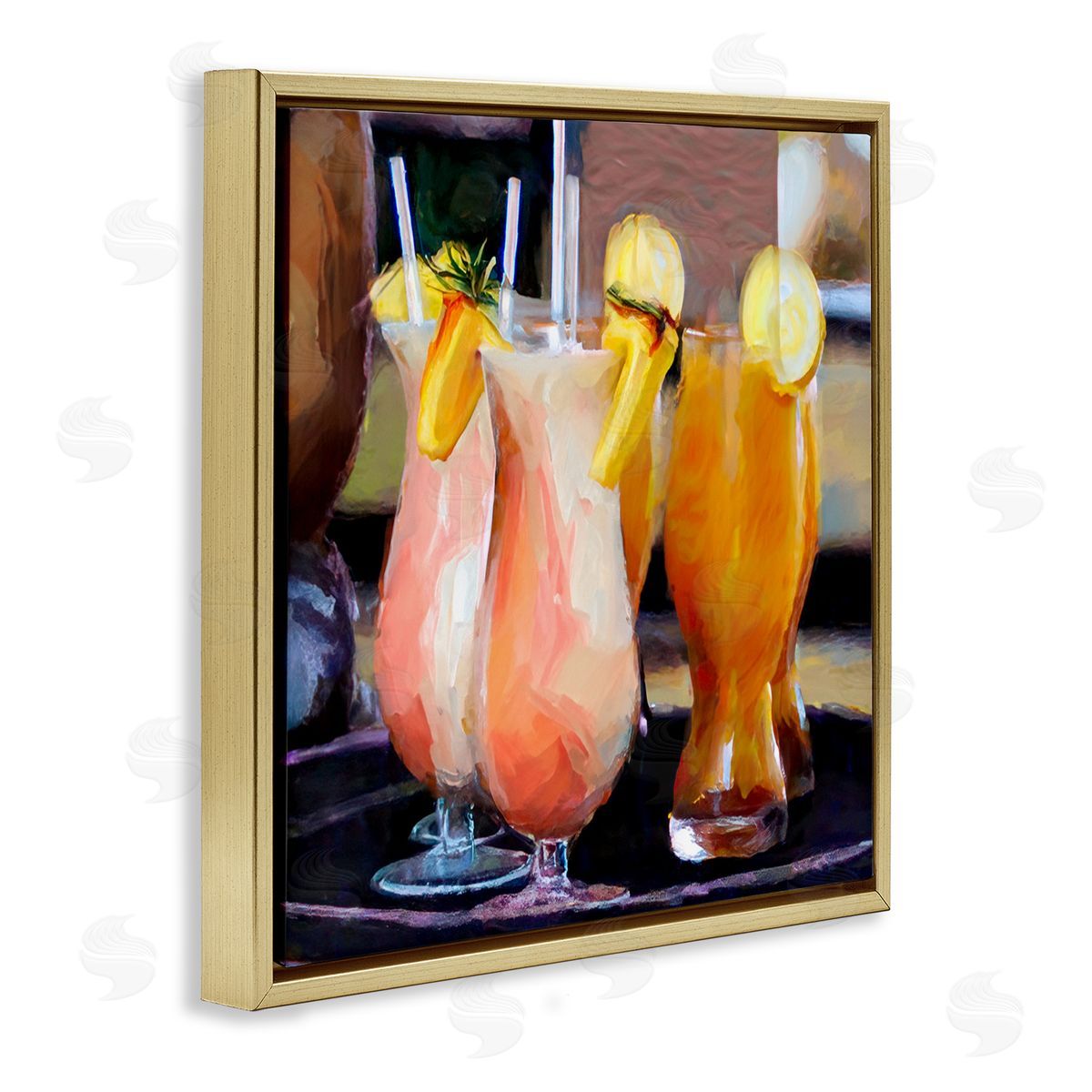 Mary Lou Johnson Tropical Cocktails on Tray Gold Floating Frame Canvas Wall Art Print